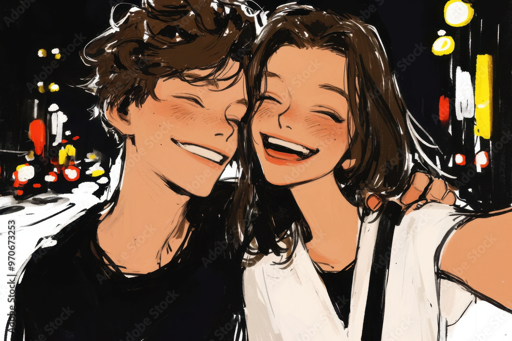 A young couple joyfully taking a selfie on a vibrant city street at night with bright lights A young couple joyfully taking a selfie on a vibrant city street at night with bright lights