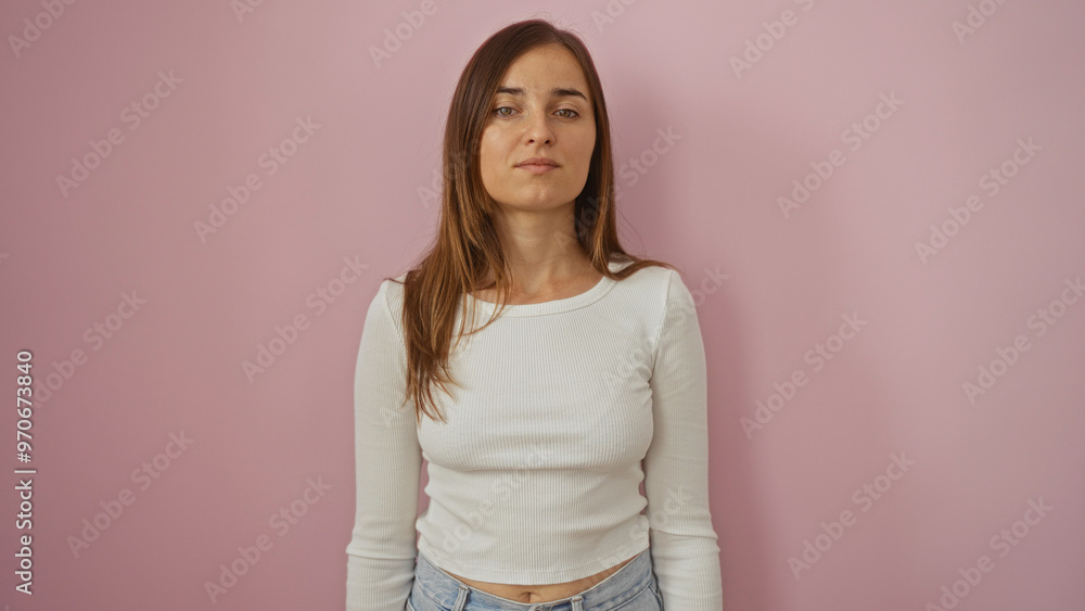A beautiful young woman with long blonde hair poses against an isolated pink background wearing a white top and jeans. A beautiful young woman with long blonde hair poses against an isolated pink background wearing a white top and jeans.