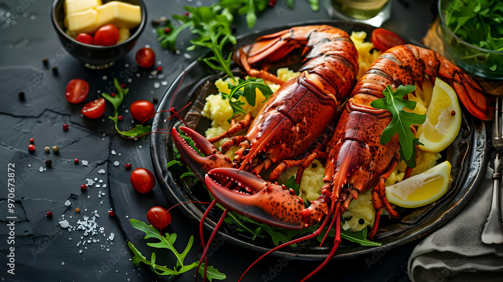 Lobster Photo - Two Cooked Lobsters With Salad And Lemon Wedges Lobster Photo - Two Cooked Lobsters With Salad And Lemon Wedges
