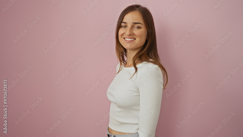 Attractive young woman with brown hair in a white top standing against a pink wall isolated in the background, smiling at the camera. Attractive young woman with brown hair in a white top standing against a pink wall isolated in the background, smiling at the camera.