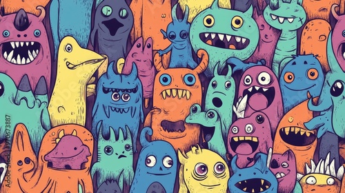 Adorable Doodle Monsters in a Seamless Vector Pattern for Design