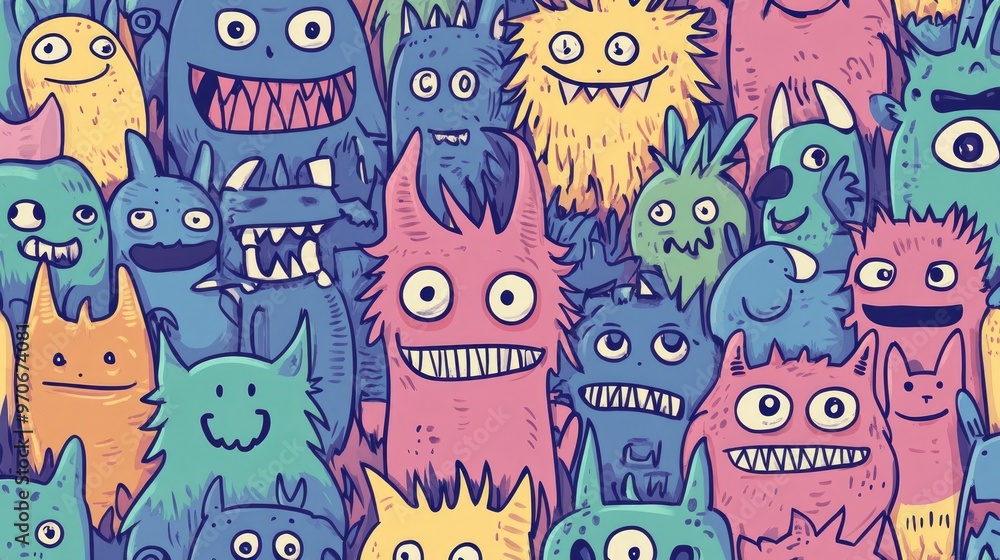 Fototapeta premium Adorable Doodle Monsters in a Seamless Vector Pattern for Design