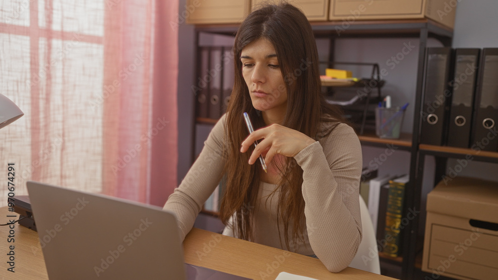 Young attractive hispanic woman working in a home office, focused on her laptop and holding a pen while sitting at a desk with shelves and files in the background. Young attractive hispanic woman working in a home office, focused on her laptop and holding a pen while sitting at a desk with shelves and files in the background.