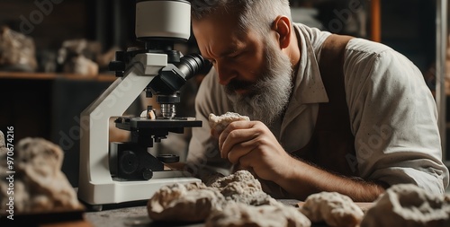 A professional paleontologist carefully examining an ancient fossil under the spotlight, surrounded by rocks and tiny pieces of bone on his desk photo