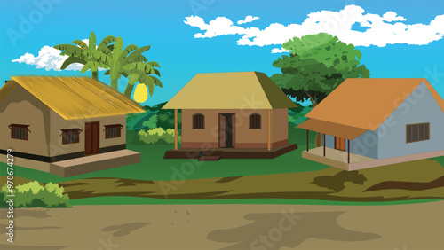 Vector Illustration of Rural Village House Compound with Huts and Cottages on a Country Road Surrounded by Trees, Bushes, and Cloudy Blue Sky