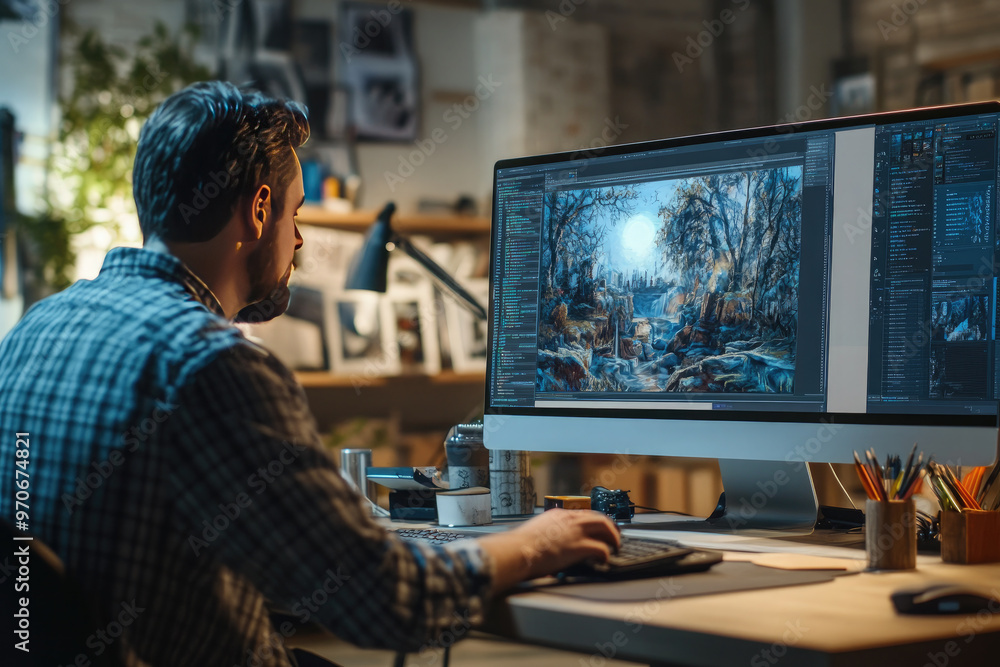 Video editor works late at night, using professional software on a powerful computer to edit footage in a dark office Video editor works late at night, using professional software on a powerful computer to edit footage in a dark office