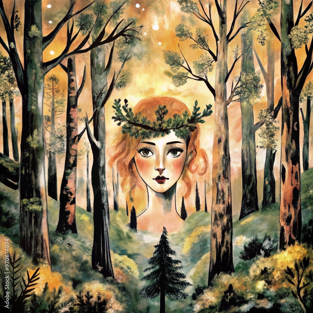 Fototapeta premium Ethereal forest spirit with antlers and flowing hair in mystical woodland watercolor style