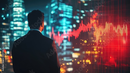 A businessman stands in front of a large screen displaying a stock market graph, with a cityscape in the background.