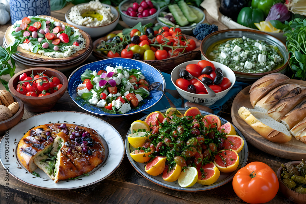 Vibrant Mediterranean Food Photo - Feast of Fresh Dishes Vibrant Mediterranean Food Photo - Feast of Fresh Dishes