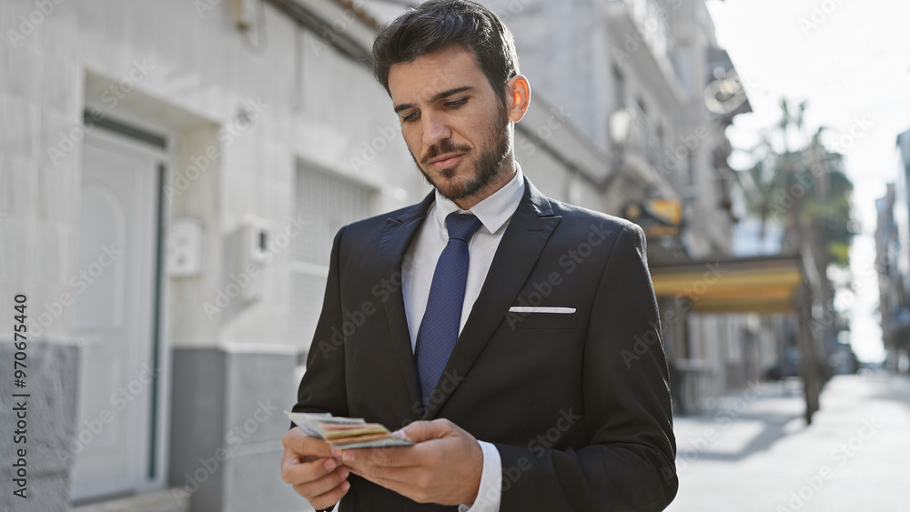 Handsome hispanic man in suit examines korean won on a sunny urban street. Handsome hispanic man in suit examines korean won on a sunny urban street.