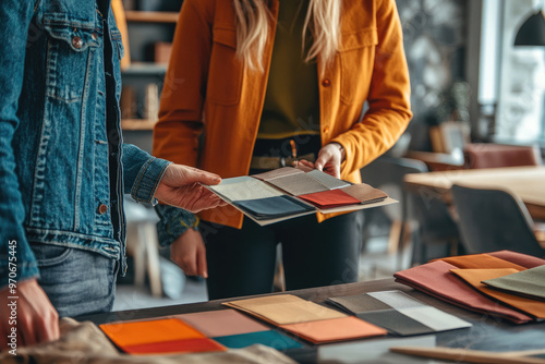 Interior designers working together in a cozy workshop, choosing colors and materials to beautify furniture, crafting modern decor with passion and creativity