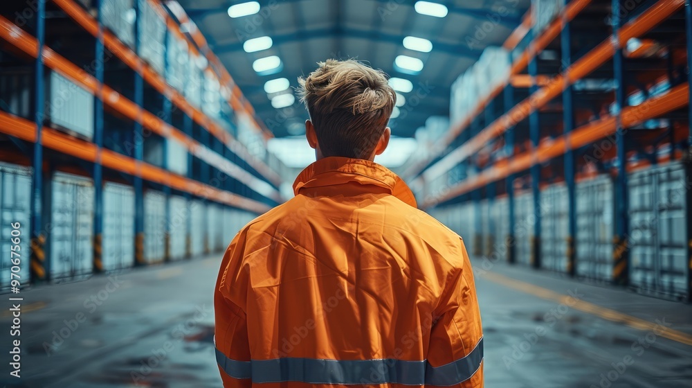A worker from warehouse with orange jacket is watching towards the horizon. Generative AI. A worker from warehouse with orange jacket is watching towards the horizon. Generative AI.