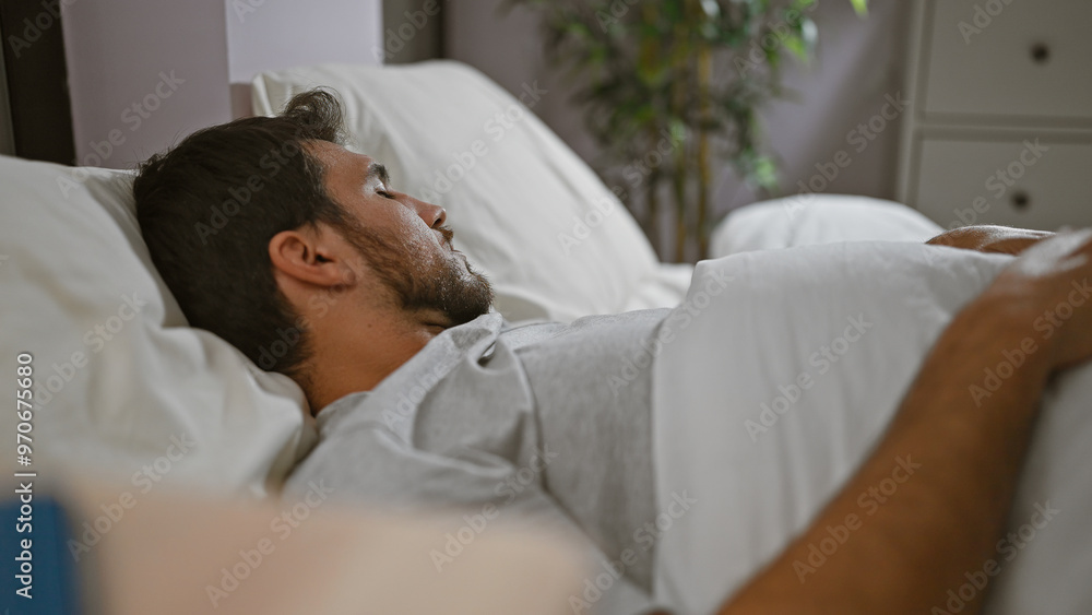 A young bearded hispanic man calmly resting in his bedroom, exuding tranquility and relaxation. A young bearded hispanic man calmly resting in his bedroom, exuding tranquility and relaxation.