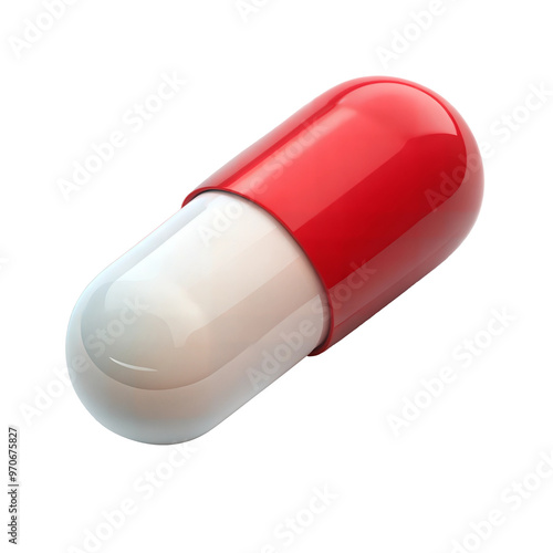 3D Illustration of a Red and White Capsule Pill cut out. Isolated on Transparent background. Copy space. photo