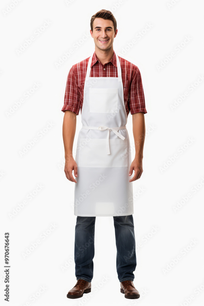 Friendly male butcher smiling in white apron and casual attire, full body shot on white background Friendly male butcher smiling in white apron and casual attire, full body shot on white background