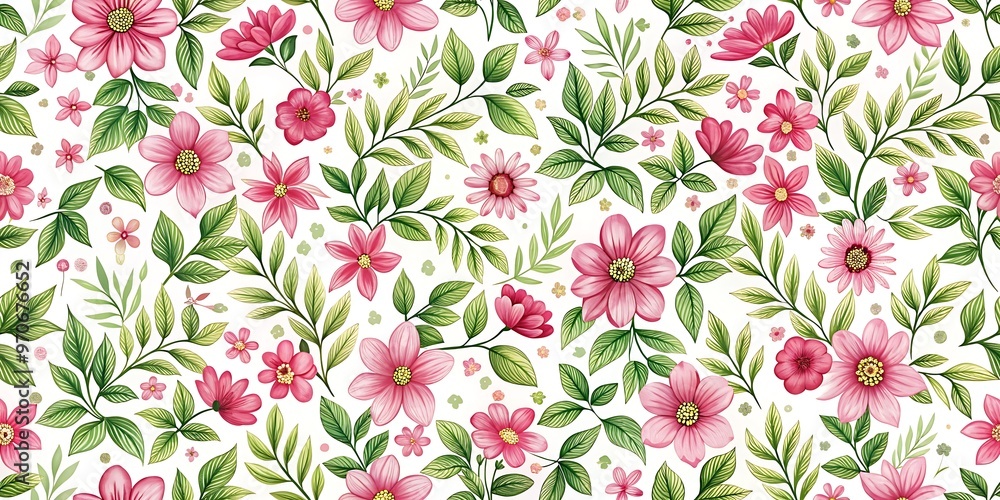 a floral pattern with pink flowers and green leave a floral pattern with pink flowers and green leave