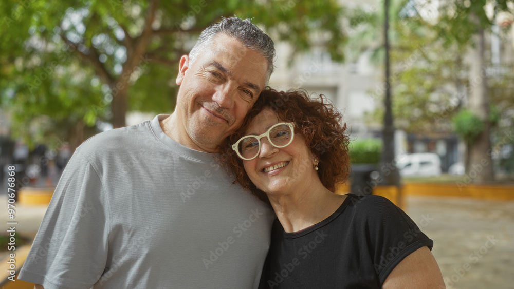 Middle-aged couple smiling together in an outdoor urban park Middle-aged couple smiling together in an outdoor urban park