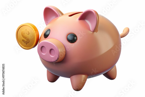 3D Floating Piggy Bank with Coin Insertion Concept - Modern Vector Icon Symbolizing Savings and Financial Growth, Isolated on White Background