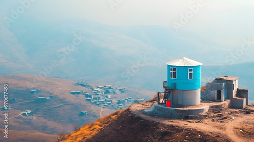 Water Storage Tank on a Hill Providing Gravity Fed Water Supply in Rural Area photo