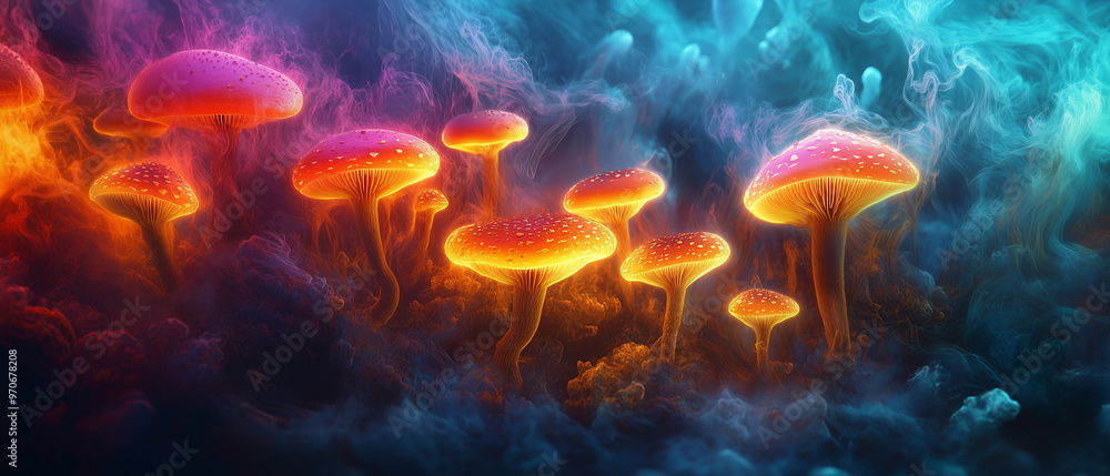 a cluster of magic mushrooms in a colorful forest a cluster of magic mushrooms in a colorful forest