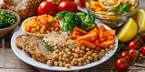 Colorful and Healthy Vegetarian Lunch Photo - Chickpeas, Sweet Potatoes, Broccoli, and Whole Wheat Bread