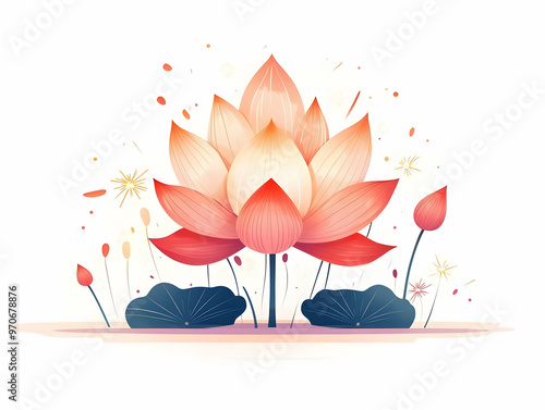 Flat Isolated Lotus Flower with Sparklers: Minimal Vector Design Showcasing Cultural Symbolism and Festive Brightness on White Background