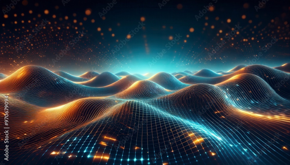 Obraz premium Abstract digital wave of glowing particles in blue and orange colors. Generated image