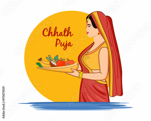 Indian women doing prayer offering fruits arghya to sun god bathing in holy river happy chhath puja
