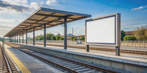 Empty train station billboard with train tracks in daylight scene , empty, train station, billboard, train tracks
