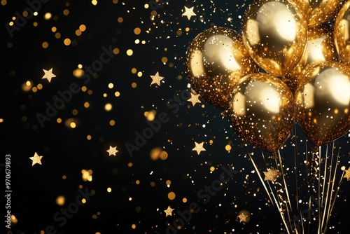 2024 gold foil balloons and stars on black background. New Year concept.