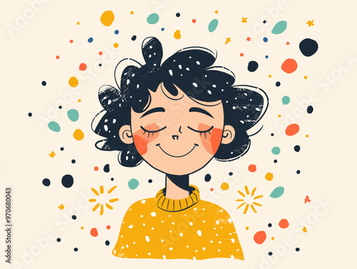 Colorful Cartoon Character Expressing Purest Joy and Contentment in a Simple yet Impactful Doodle Illustration