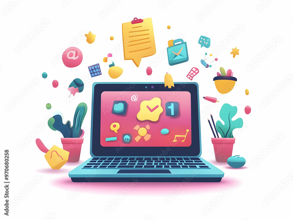 Flat Laptop on White Background with Holographic Festival Symbols Floating Around - Brightly Illuminated Vector Illustration for Smart Business Themes Flat Laptop on White Background with Holographic Festival Symbols Floating Around - Brightly Illuminated Vector Illustration for Smart Business Themes