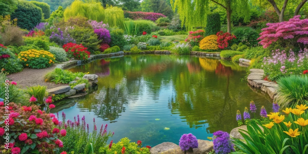 Tranquil garden pond surrounded by lush greenery and colorful flowers, beautiful, garden, pond, tranquil, serene, nature Tranquil garden pond surrounded by lush greenery and colorful flowers, beautiful, garden, pond, tranquil, serene, nature
