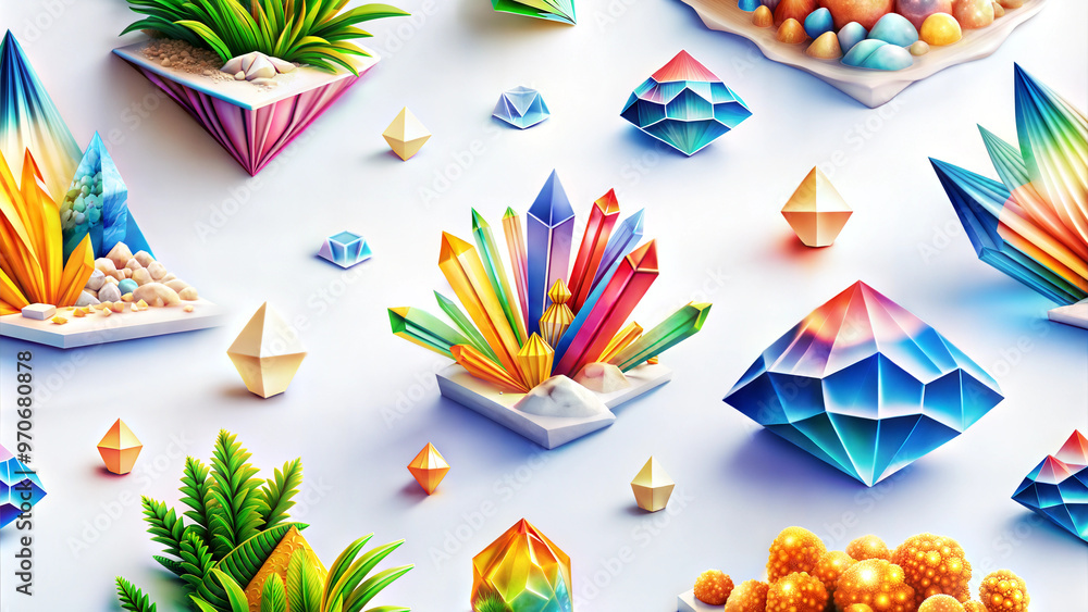 Colorful Geometric Crystals and Gemstones with Plants on White Background Colorful Geometric Crystals and Gemstones with Plants on White Background