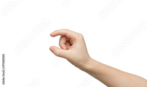 Kid hand measuring invisible items, child palm making gesture while showing small amount of something on white isolated background, side view, cutout