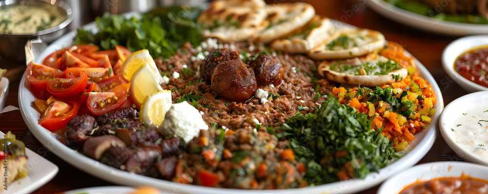 Obraz premium Vibrant Lebanese Food Photography - Spiced Meat, Pita Bread, and Fresh Vegetables