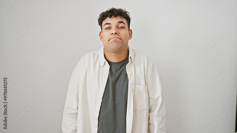 Handsome young adult man with beard in casual outfit standing against a white isolated background Handsome young adult man with beard in casual outfit standing against a white isolated background