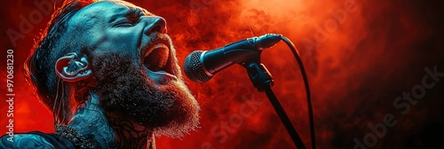 Rock Star Singing Into Microphone on Stage with Smoke and Red Lights