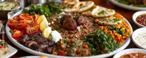 Vibrant Lebanese Food Photography -  Spiced Meat, Pita Bread, and Fresh Vegetables photo