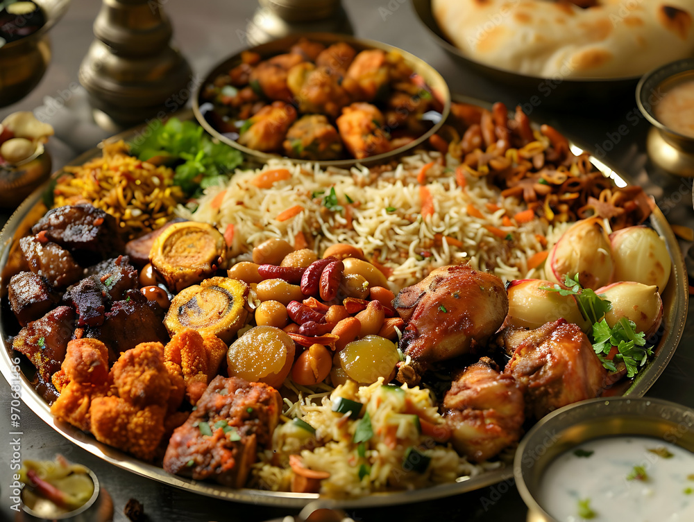 Indian Cuisine Photo - Aromatic Chicken, Rice, and Vegetable Platter Indian Cuisine Photo - Aromatic Chicken, Rice, and Vegetable Platter
