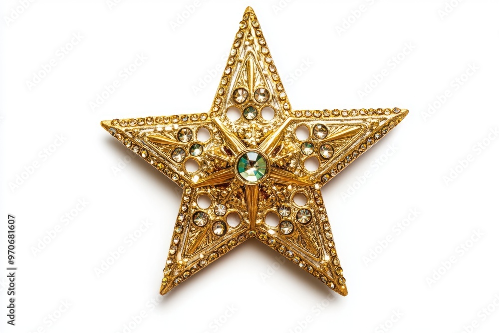 Fototapeta premium Golden Christmas star jewels sticker on white background.
