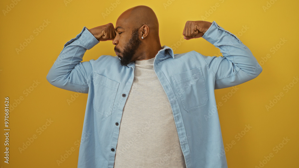 Young, handsome, african american man with a beard and bald head flexing his arms against an isolated yellow background wall. Young, handsome, african american man with a beard and bald head flexing his arms against an isolated yellow background wall.