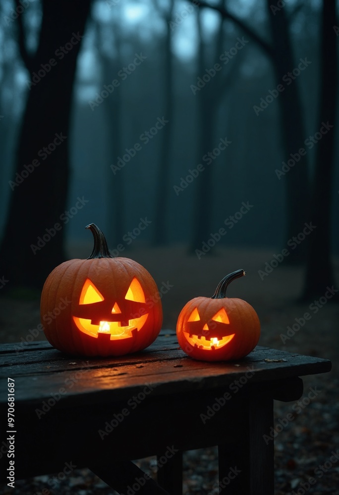 Obraz premium Halloween Jaock O lantern pumpkins on an old wooden table in a spooky forest at night