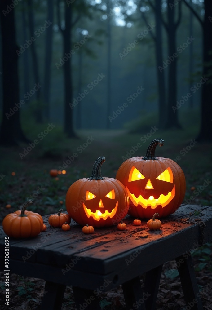 Halloween Jaock O lantern pumpkins on an old wooden table in a spooky forest at night Halloween Jaock O lantern pumpkins on an old wooden table in a spooky forest at night