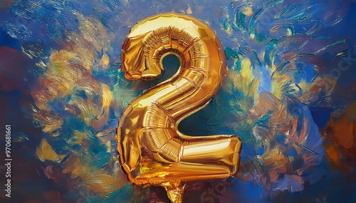 A shiny gold balloon in the shape of the number two birthday celebration for party 