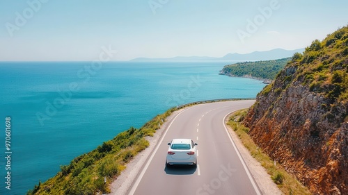 Car driving along a coastal highway, Road trip, scenic and refreshing