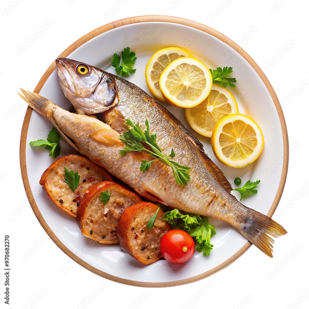 A dish of fish hard bread top view isolated on transparent background. A dish of fish hard bread top view isolated on transparent background.