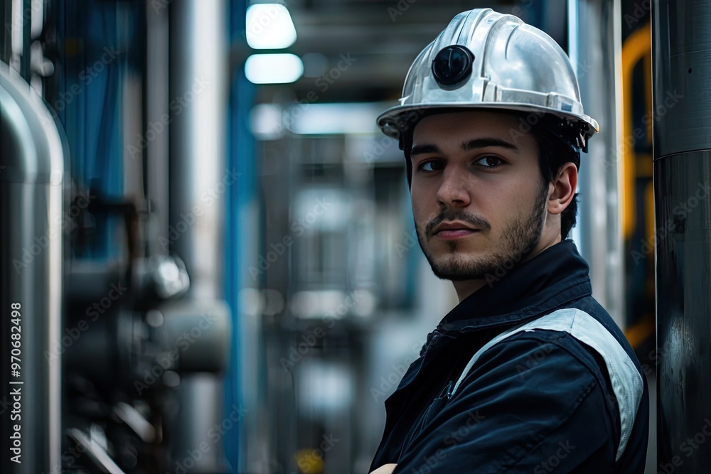 engineer in a construction outfit, confidently overlooking an industrial site. The background features a sprawling factory with sharp metallic details and towering structures engineer in a construction outfit, confidently overlooking an industrial site. The background features a sprawling factory with sharp metallic details and towering structures
