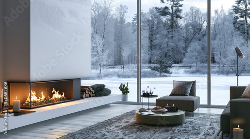 Cozy interior with a minimalist white fireplace, grey and green furniture, and a large window overlooking a snowy landscape, the fire softly glowing. Generative AI.