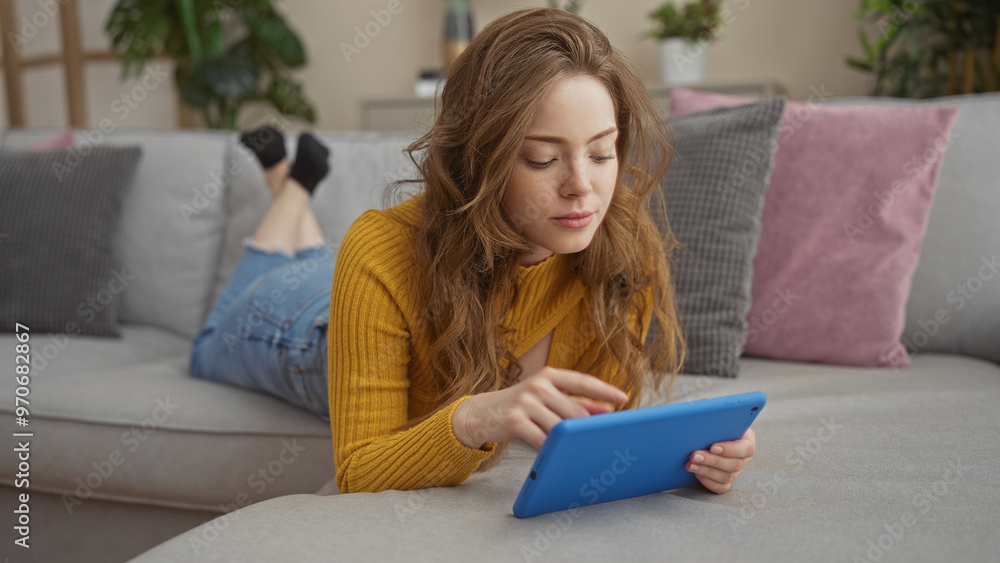 Young attractive blonde woman using a tablet at home while relaxing on a couch in the living room of an apartment. Young attractive blonde woman using a tablet at home while relaxing on a couch in the living room of an apartment.